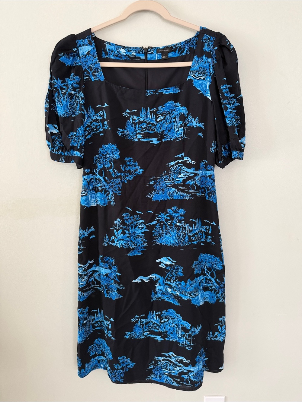 Ann Taylor Black Dress with Bright Blue Scenic Print